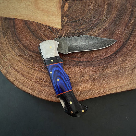 Custom Handmade Damascus Steel Folding Pocket Knife With Leather Pouch