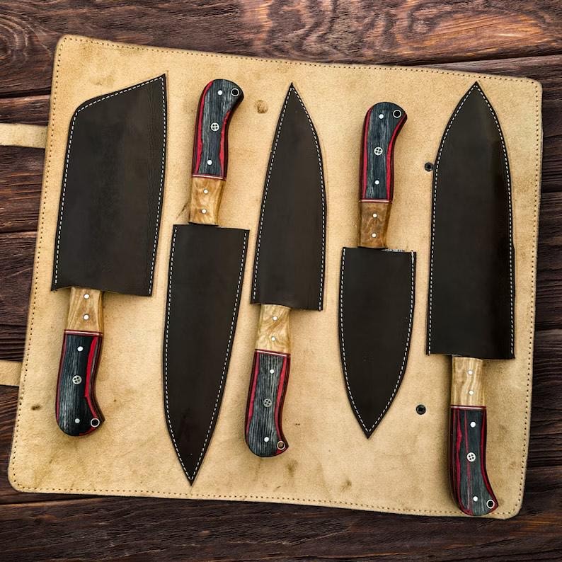 Custom Handmade Damascus Steel Chef Kitchen Knives Set With Leather Roll Kit