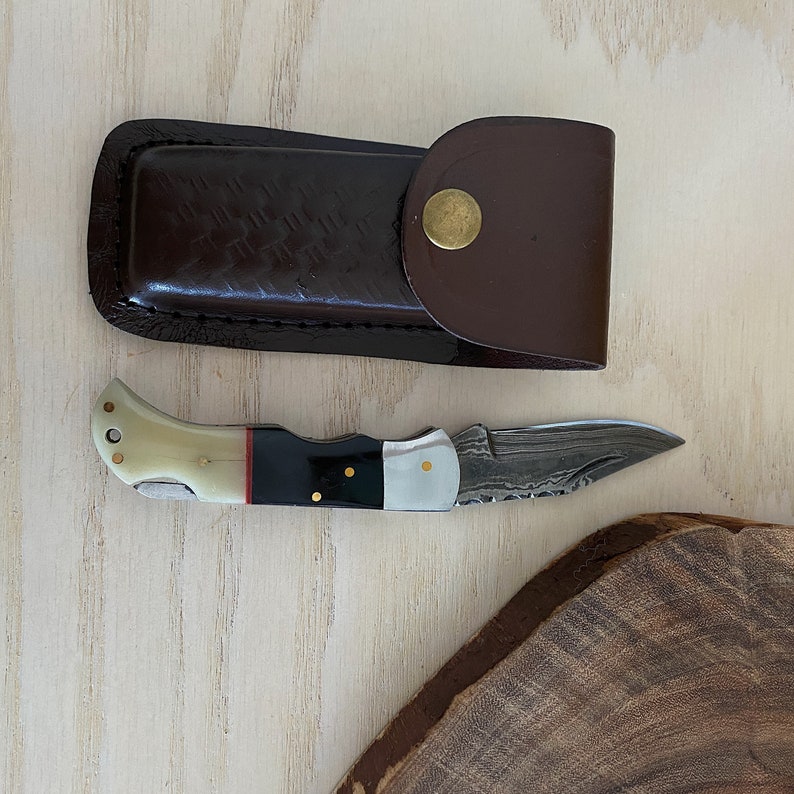 Custom Handmade Damascus Steel Folding Pocket Knife With Leather Pouch