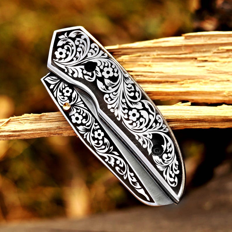 Handcrafted Foldable Knife with Exquisite Laser-Engraved Floral Pattern - Perfect Gift Idea