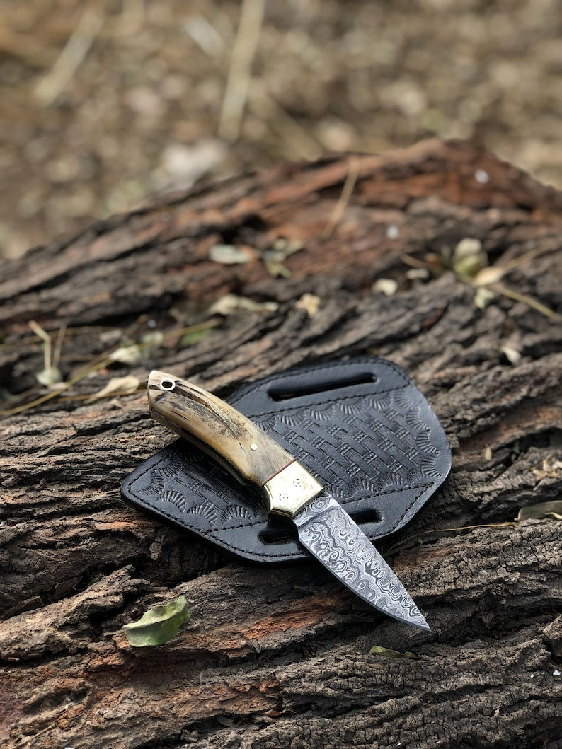 handmade damscus steel skinning knife edc knife with sheath