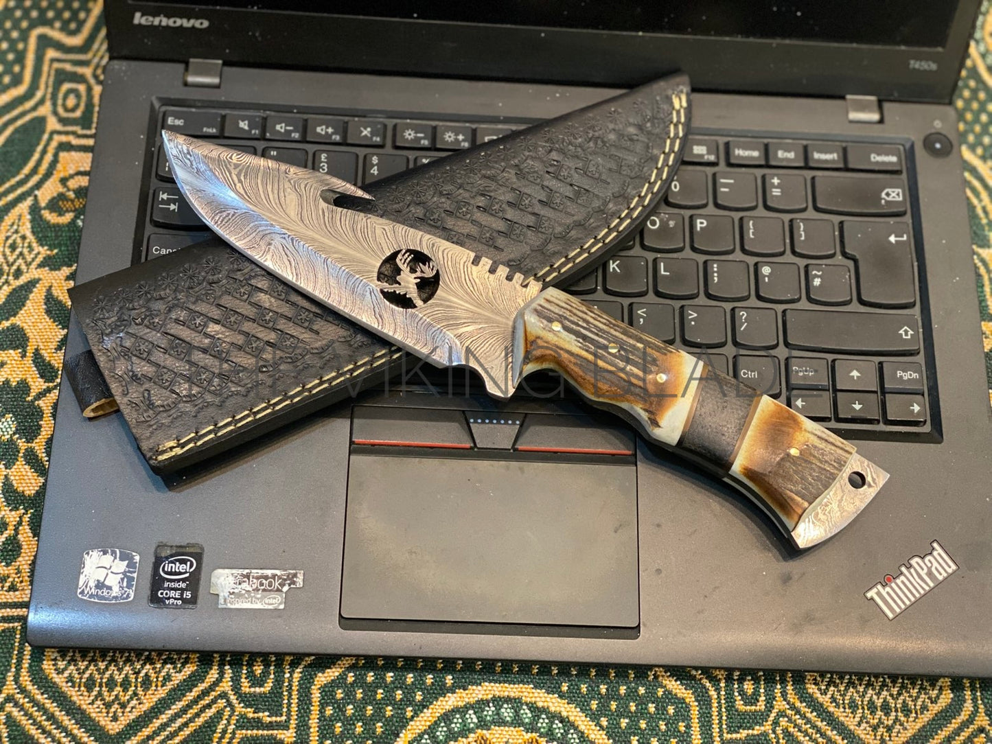 Handmade Damascus Guthook Knife: Stag Horn Handle, Black Leather Sheath