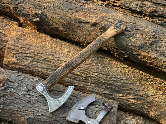 Custom Handmade Carbon Steel Viking Axe With Leather Sheath