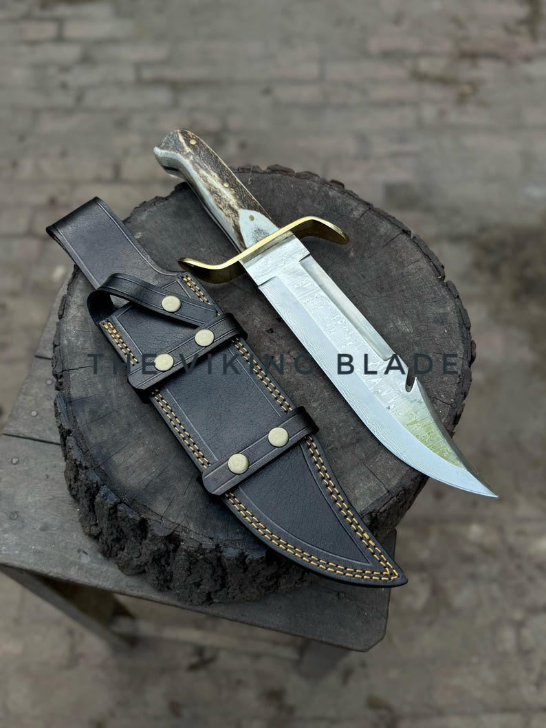 Custom Handmade Stainless Damascus Steel Hunting Gut Hook Bowie Knife With Leather Sheath
