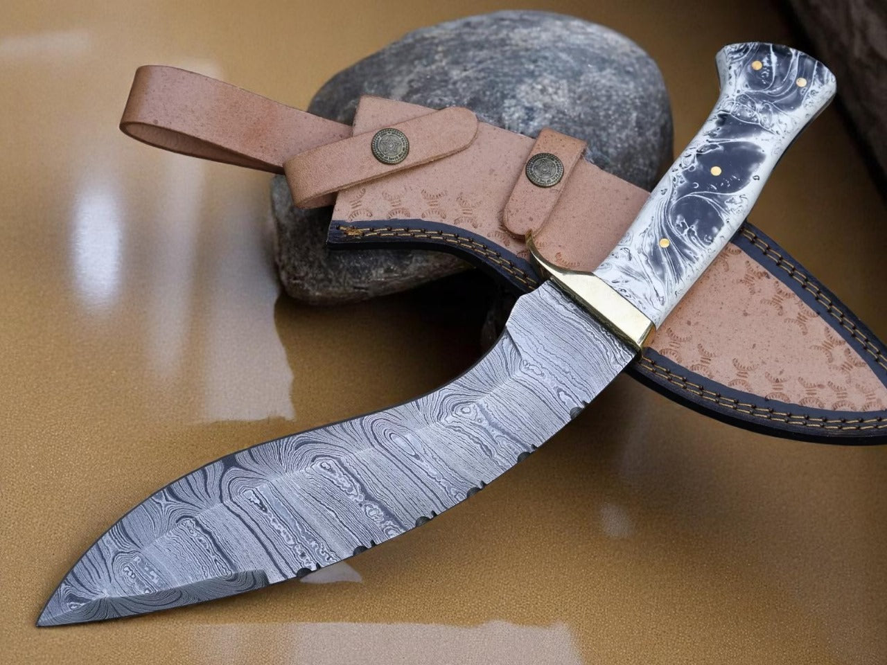 Custom Handmade Damascus Steel Kukri Knife With Leather Sheath