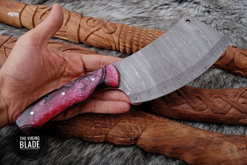 12" Custom Handmade Damascus Steel Cleaver, chopping Mincing Chopper Knife Comes With Genuine Leather Sheath