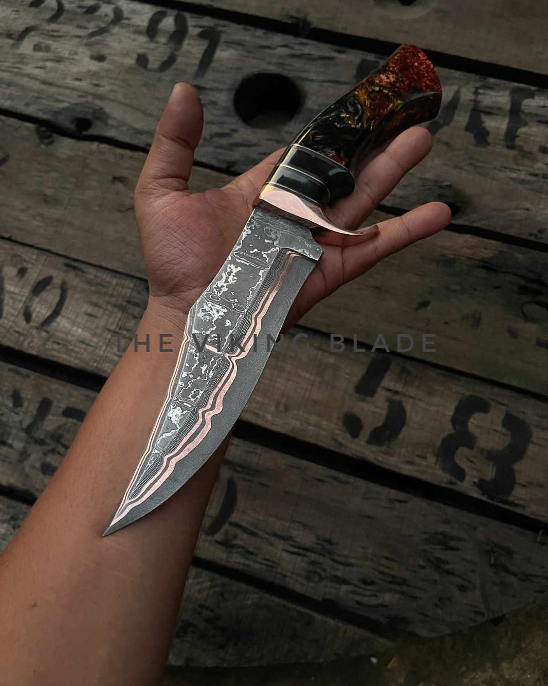 Handmade Copper Damascus Hunting Knife | Ladder Pattern Bowie Knife | Epoxy Handle | Custom Gift for Him | Collector Blade