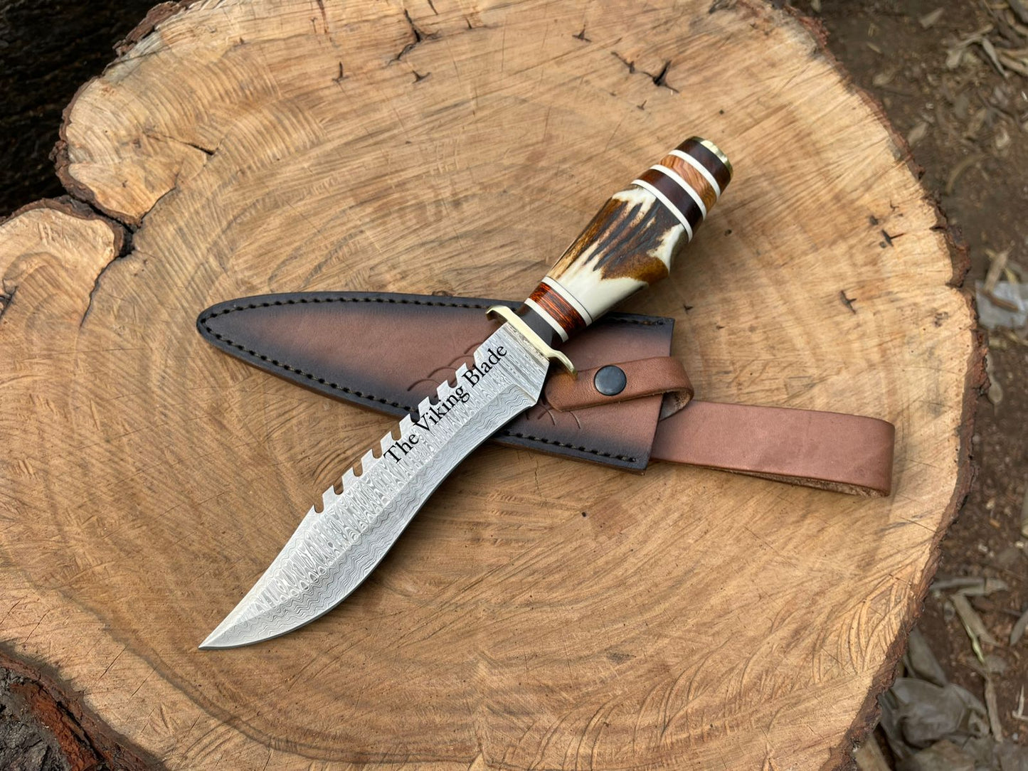 Handmade Damascus Bowie Knife with Stag Antler Handle – 14” Hunting Knife with Leather Sheath