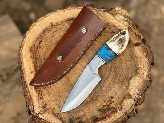 Custom Handmade Skinner Knife Stag Handle With Leather Sheath