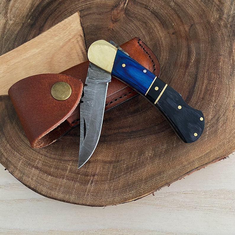 Custom Handmade Damascus Steel Folding Pocket Knife With Leather Sheath
