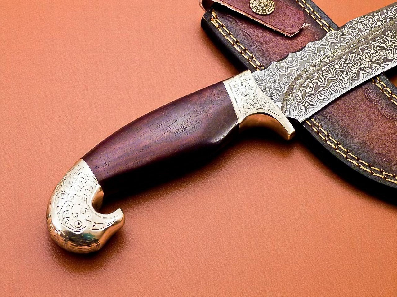 Custom Handmade Damascus Steel Hunting Knife With Leather Sheath