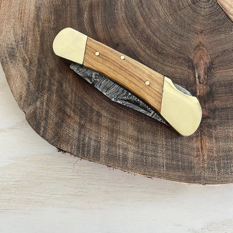 Custom Handmade Damascus Steel Folding Pocket Knife With Leather Sheath