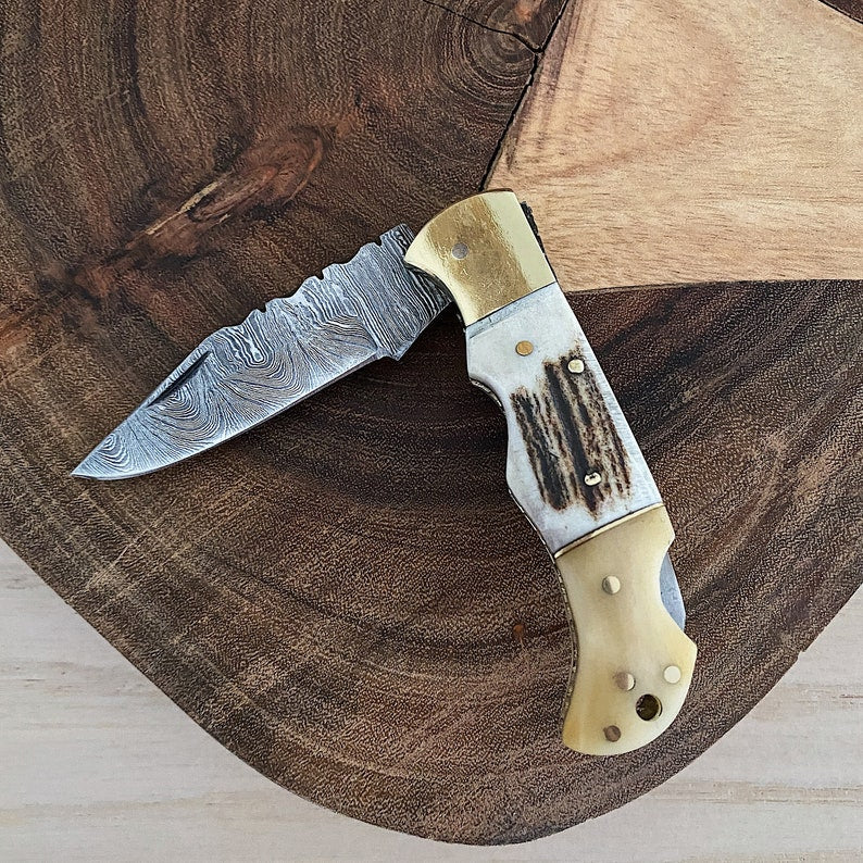 Custom Handmade Damascus Steel Folding Pocket Knife With Leather Sheath