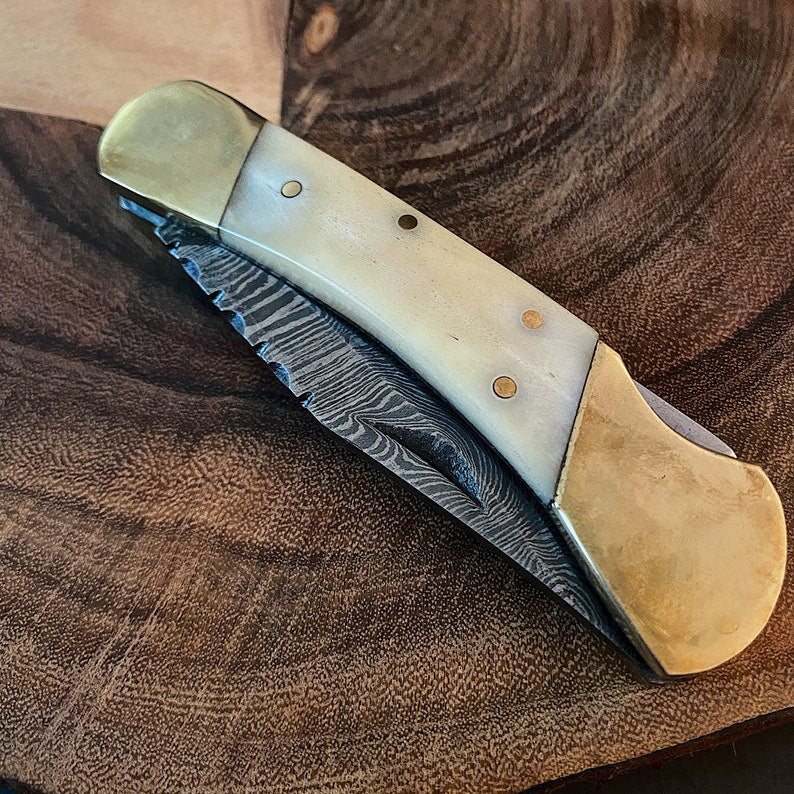 Custom Handmade Damascus Steel Folding Pocket Knife With Leather Pouch