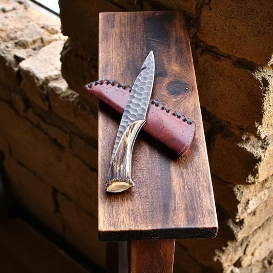 Custom Handmade Damascus Steel Bowie Knife with Real Stag Crown Handle & Leather Sheath | 11” Hunting Knife Gift for Him