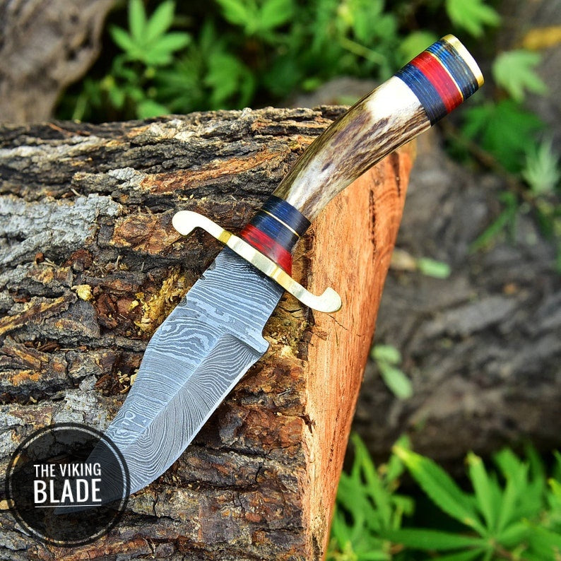 CUSTOM Handmade Damascus Steel HUNTING SKINNING Knife Stag Handle Brass Guard Comes With Genuine Leather Sheath