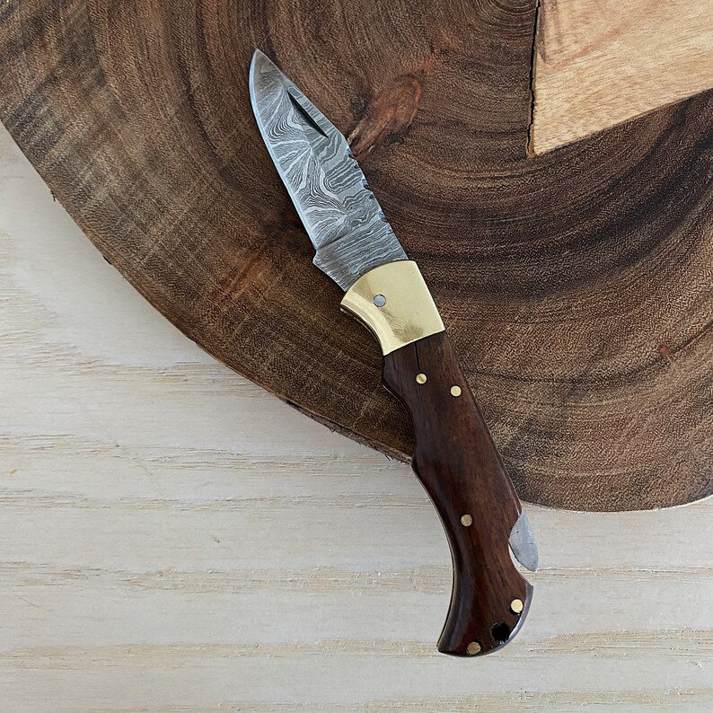Custom Handmade Damascus Steel Folding Pocket Knife With Leather Sheath