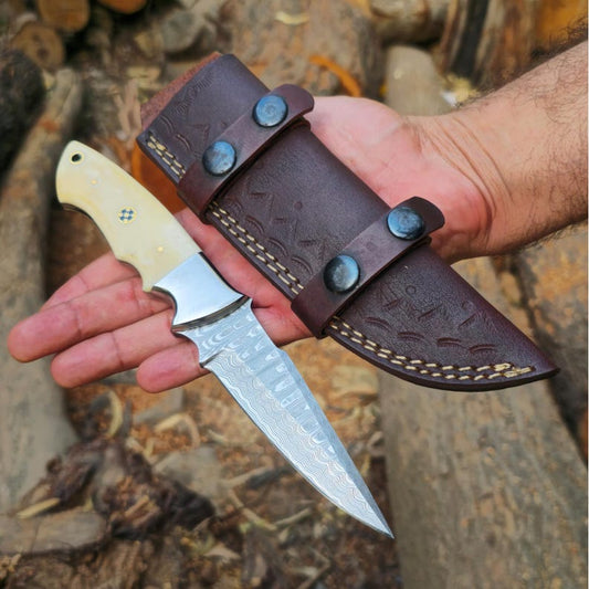 Handmade Damascus Steel Bushcraft knife with Horizontal Carry Leather Sheath