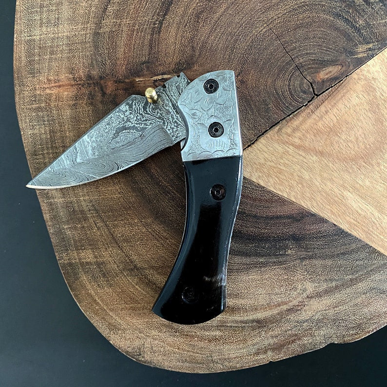 Custom Handmade Damascus Steel Folding Pocket Knife With Leather Sheath