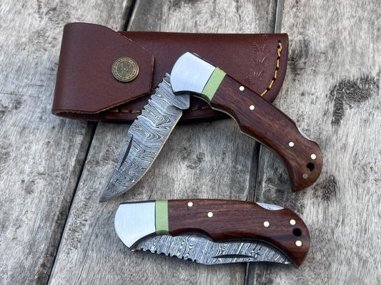 Handmade Damascus Pocket Knife Rose Wood Handle Birthday Gift Folding Knife