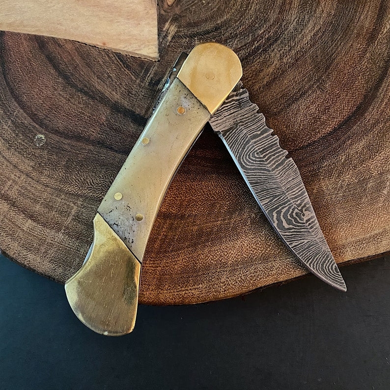 Custom Handmade Damascus Steel Folding Pocket Knife With Leather Pouch