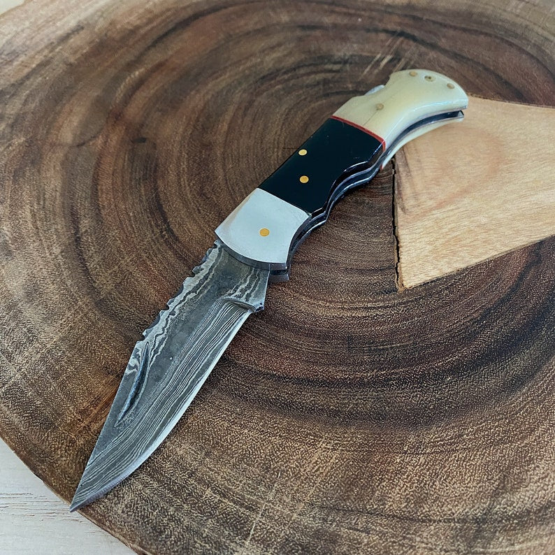 Custom Handmade Damascus Steel Folding Pocket Knife With Leather Pouch