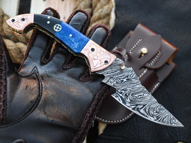 Custom Handmade Damascus Steel Folding Pocket Knife With Leather Sheath