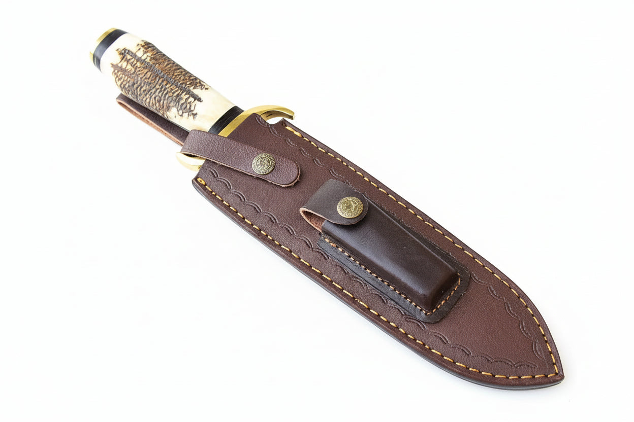 Handmade Damascus Steel Blade Bowie Knife Stag Brass Guard Handle With Sheath