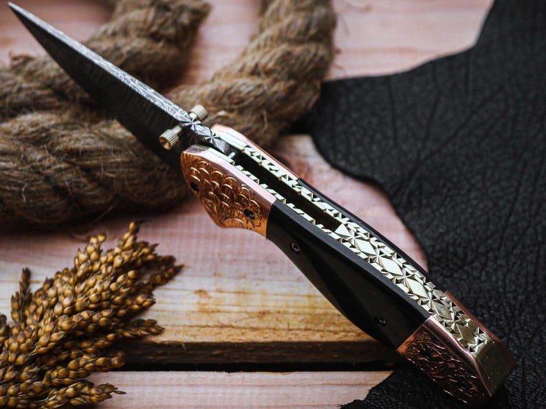 Custom Handmade Damascus Steel Folding Pocket Knife With Leather Pouch