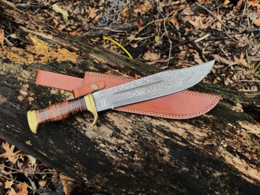 Custom Handmade Damascus Steel Bowie Knife With Leather Sheath