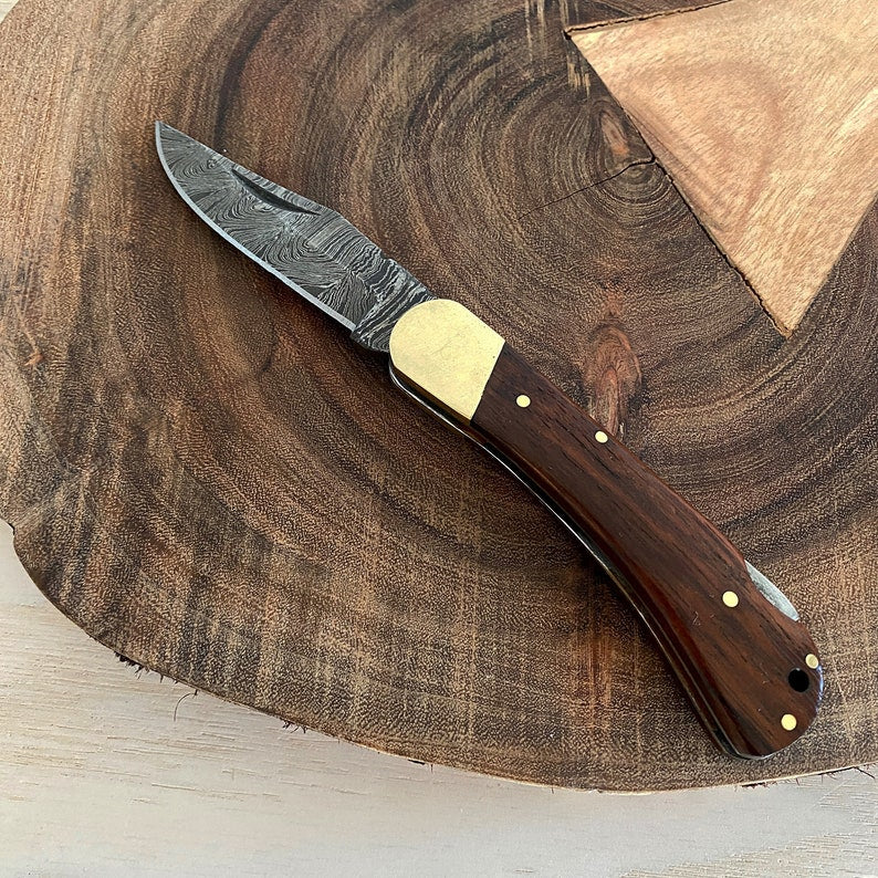 Custom Handmade Damascus Steel Folding Pocket Knife With Leather Sheath