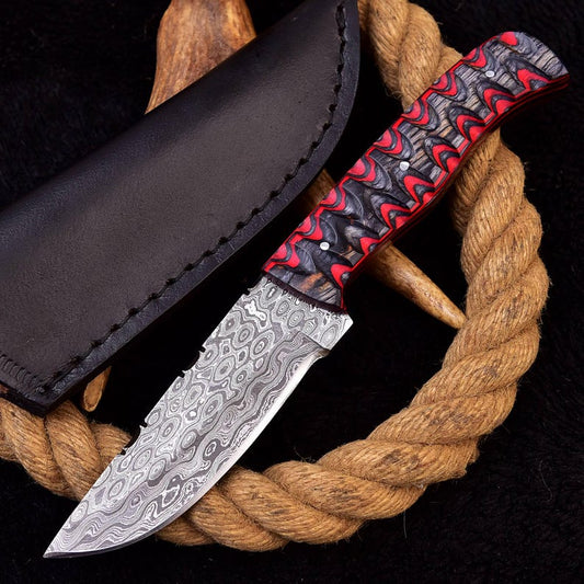 Custom Handmade Damascus Steel Skinner Hunting Knife With Leather Sheath