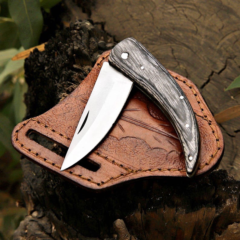 Handmade J2 Steel Folding Knife With Beautiful Leather Sheath