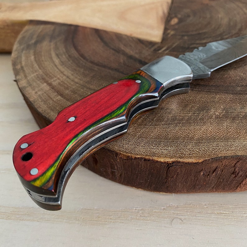 Custom Handmade Damascus Steel Folding Pocket Knife With Leather Pouch