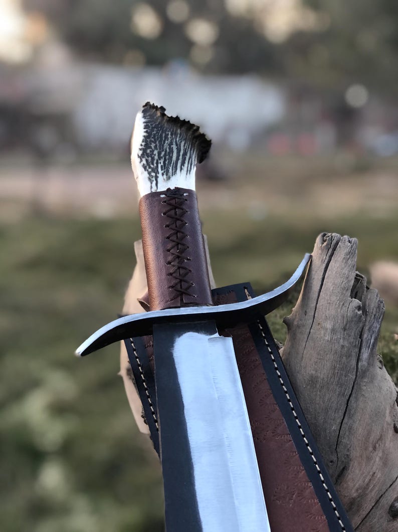 handmade hunting bowie knife deer stag handle with sheath
