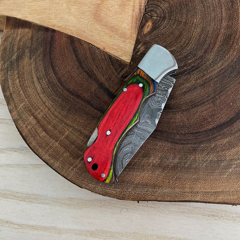 Custom Handmade Damascus Steel Folding Pocket Knife With Leather Pouch