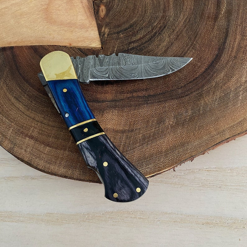 Custom Handmade Damascus Steel Folding Pocket Knife With Leather Sheath