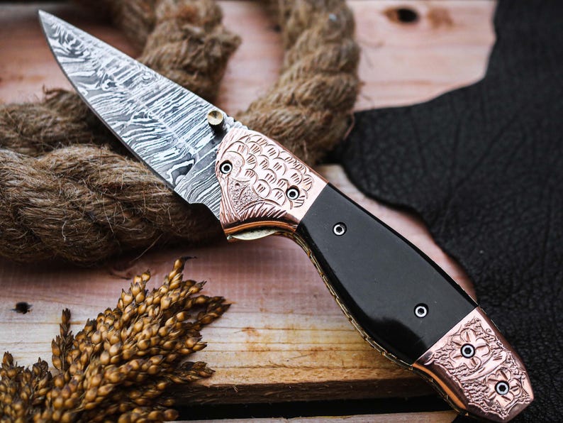 Custom Handmade Damascus Steel Folding Pocket Knife With Leather Pouch