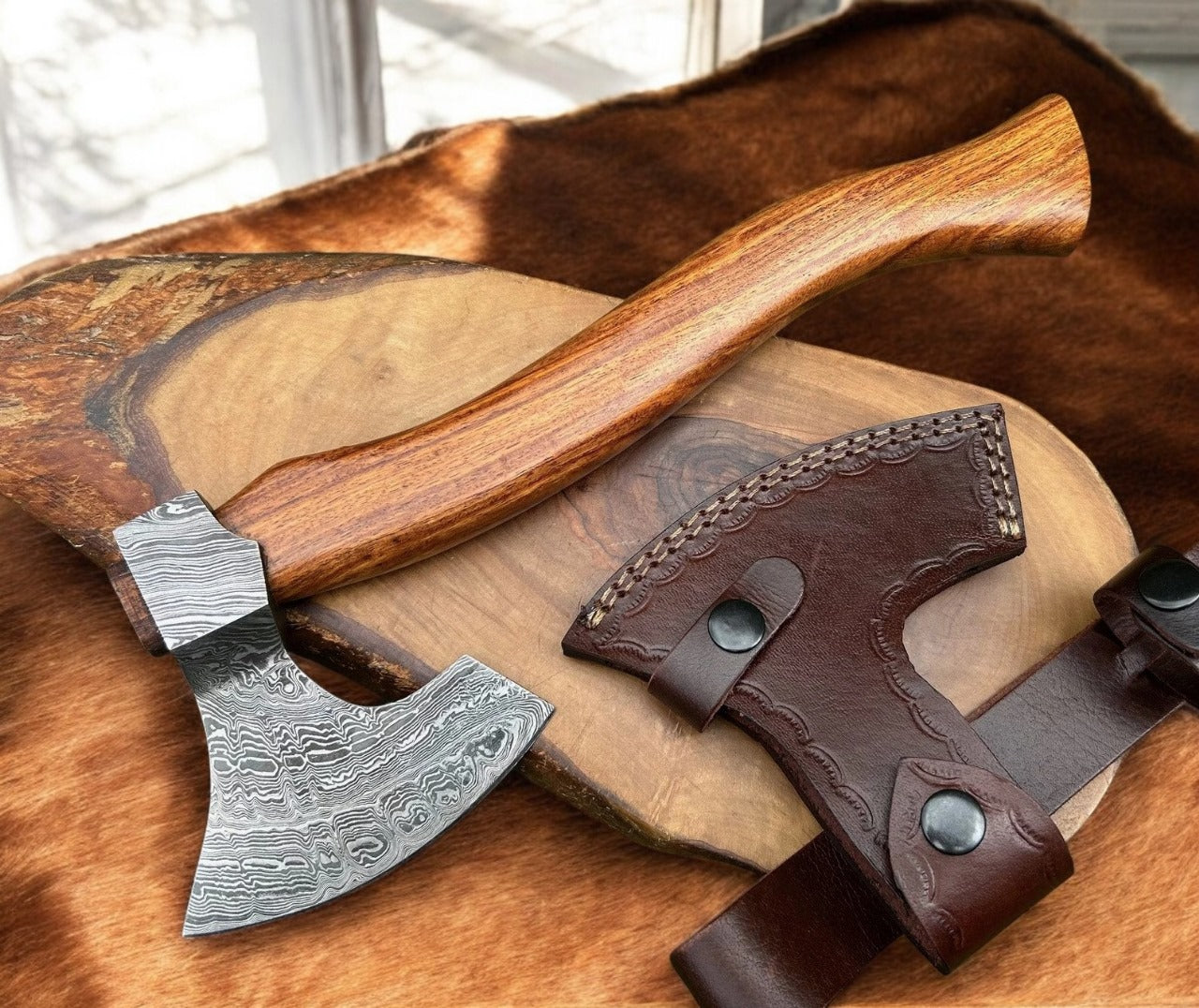 Custom Handmade Damascus Steel Axe Superb Leather Sheath