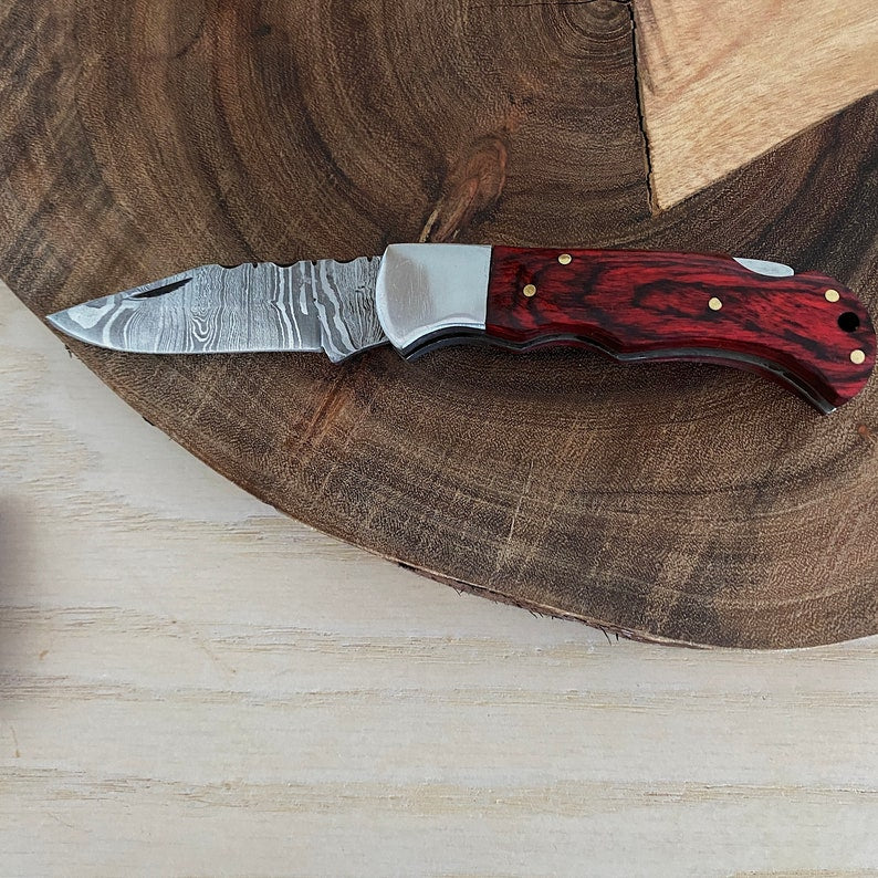 Custom Handmade Damascus Steel Folding Pocket Knife With Leather Pouch