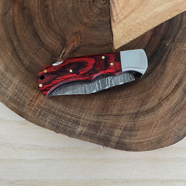 Custom Handmade Damascus Steel Folding Pocket Knife With Leather Pouch