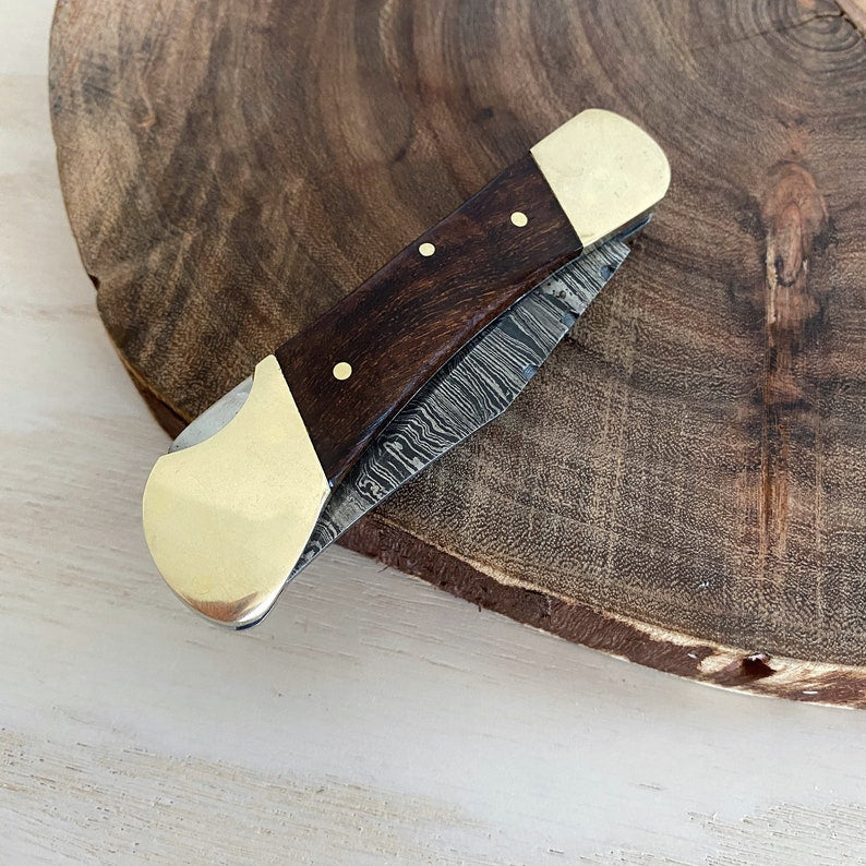Custom Handmade Damascus Steel Folding Pocket Knife With Leather Sheath