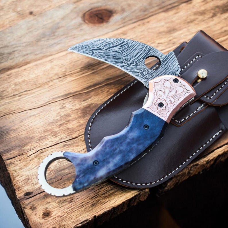 Custom Handmade Damascus Steel Folding Pocket Knife With Leather Sheath