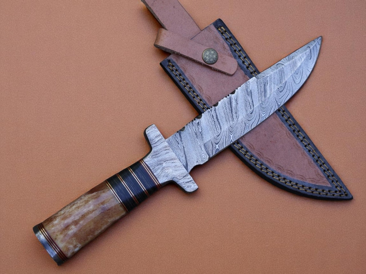 Custom Handmade Damascus Steel Hunting Knife With Leather Sheath