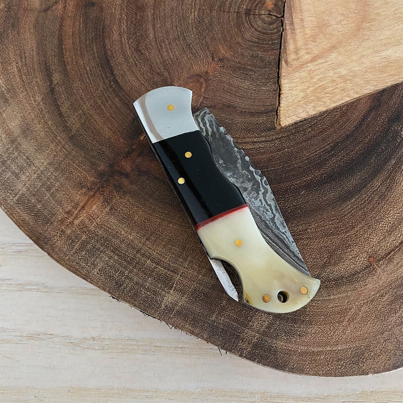 Custom Handmade Damascus Steel Folding Pocket Knife With Leather Pouch