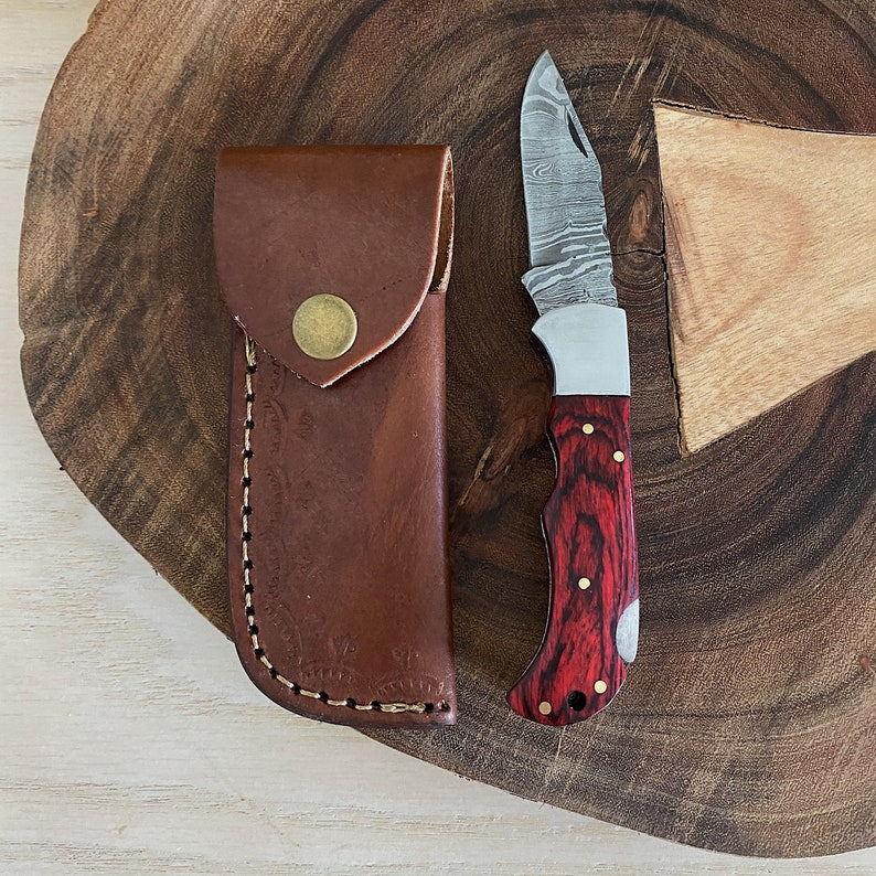 Custom Handmade Damascus Steel Folding Pocket Knife With Leather Pouch