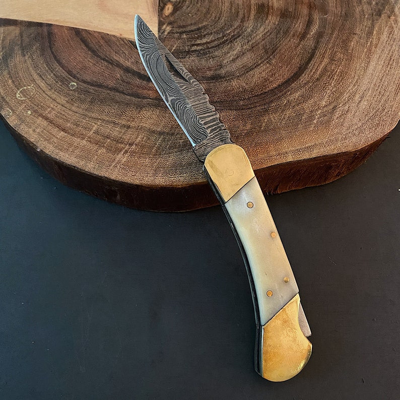 Custom Handmade Damascus Steel Folding Pocket Knife With Leather Pouch