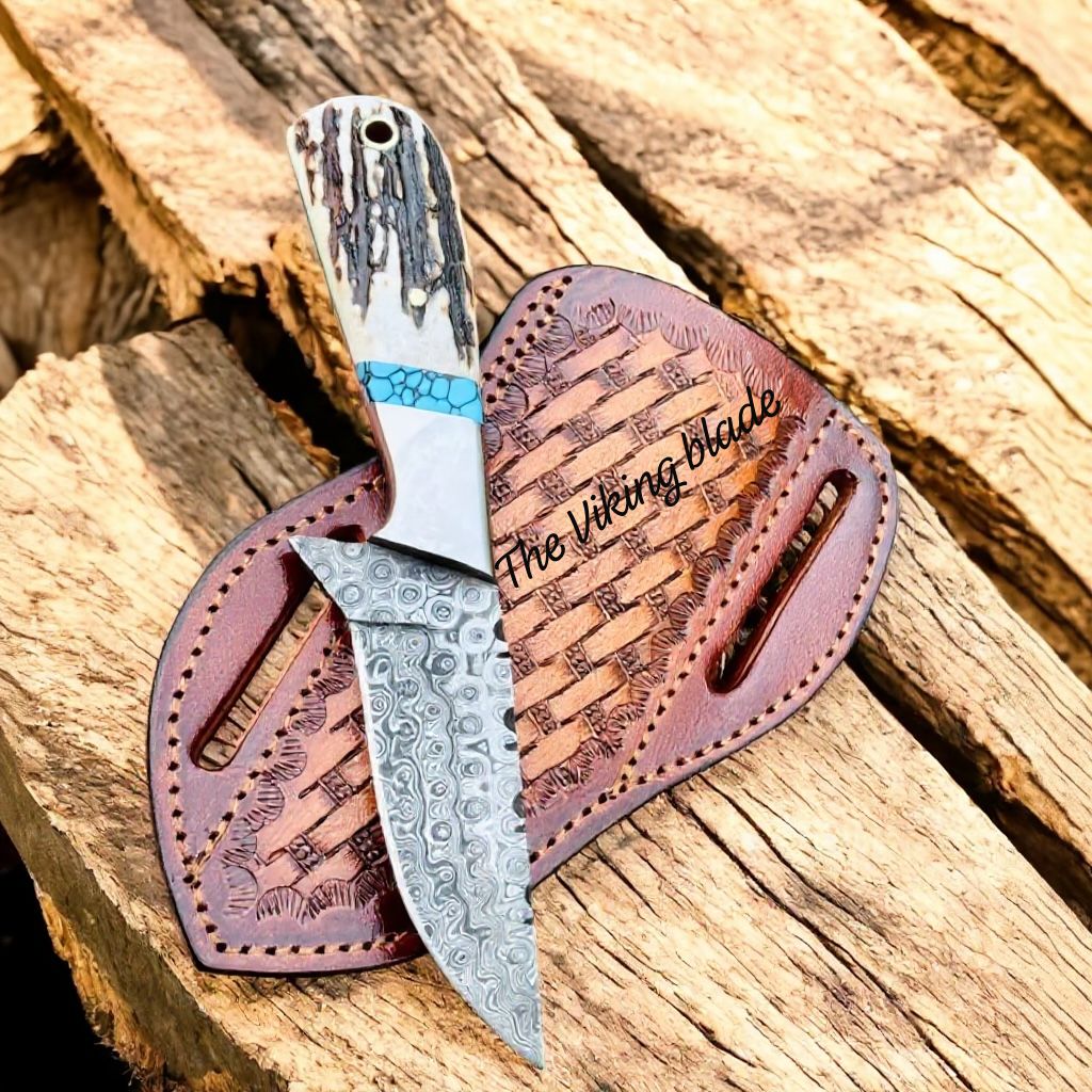 Cowboy Knife – 3.6" Raindrops Damascus Blade with Antler & Turquoise