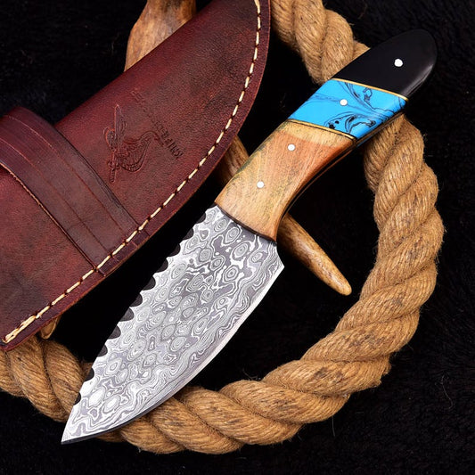 Custom Handmade Damascus Steel Skinner Hunting Knife With Leather Sheath