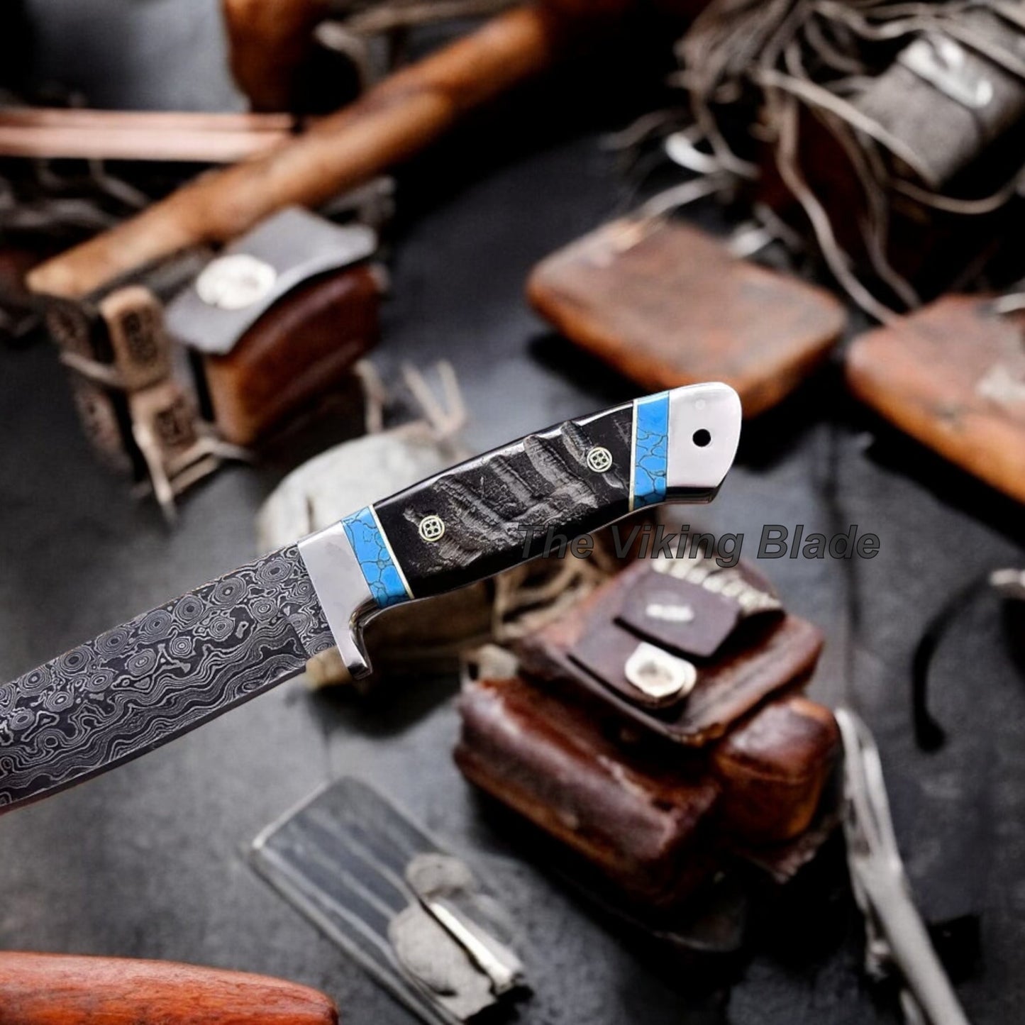 Custom Handmade Damascus Steel Sheep Horn Hunting Sport Knife With Leather Sheath